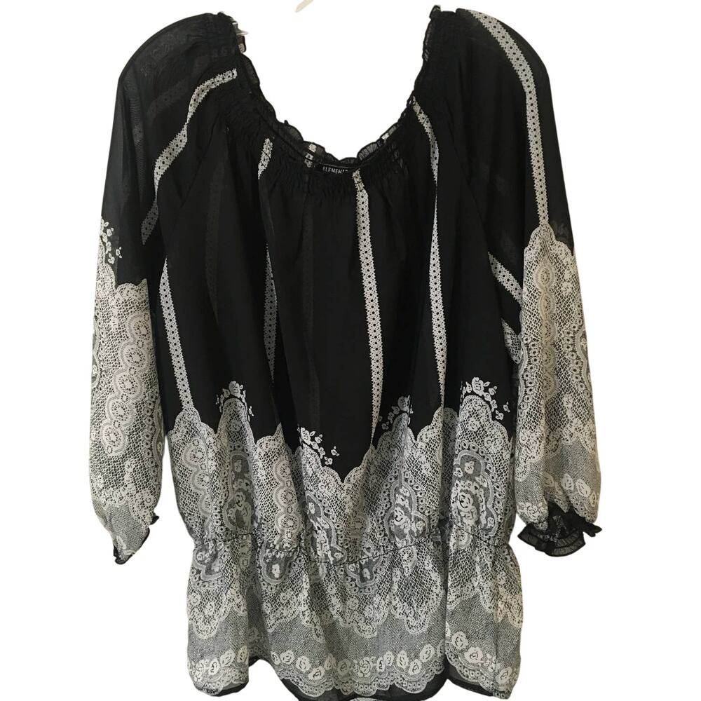 Elementz XL Sheer Blouson Blouse Black & Gray Long Sleeves Gathered Waist Top